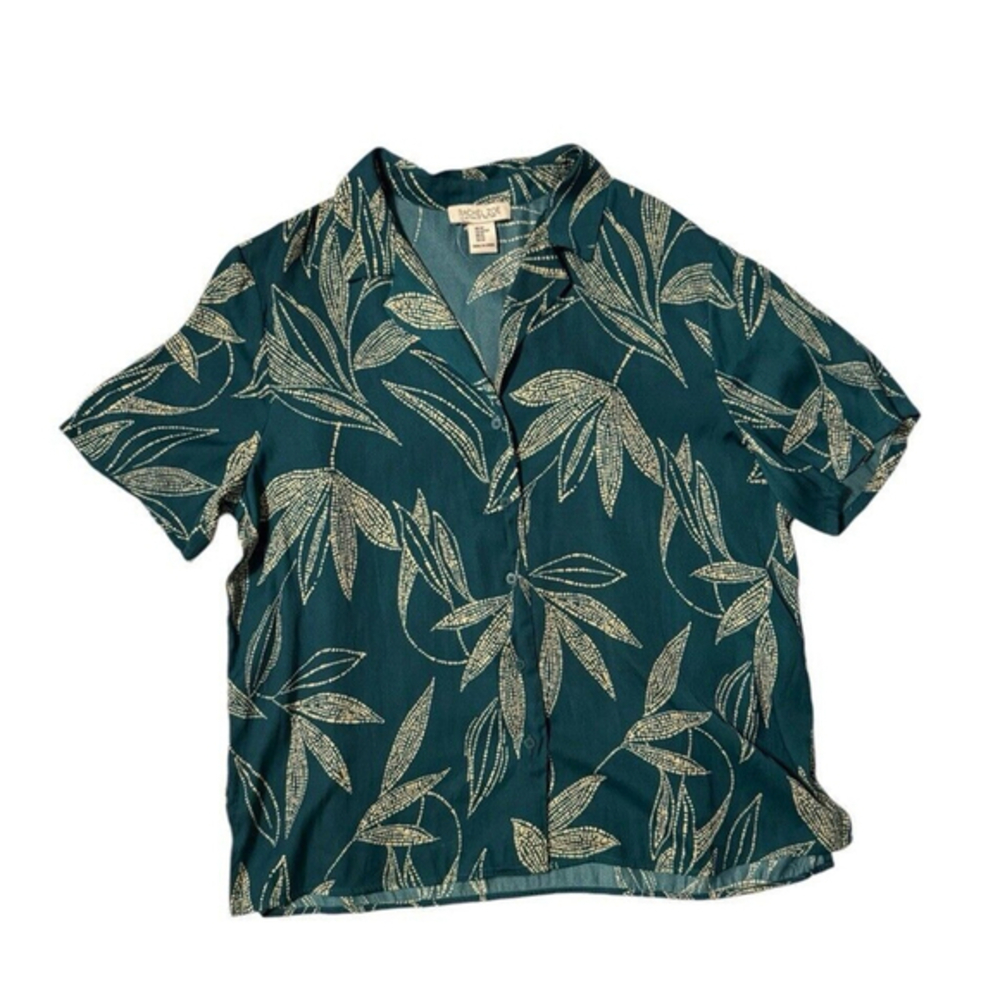 Rachel Zoe Teal Green Jungle Print Plam Lotus Hawaiian Button Down Shirt Top M